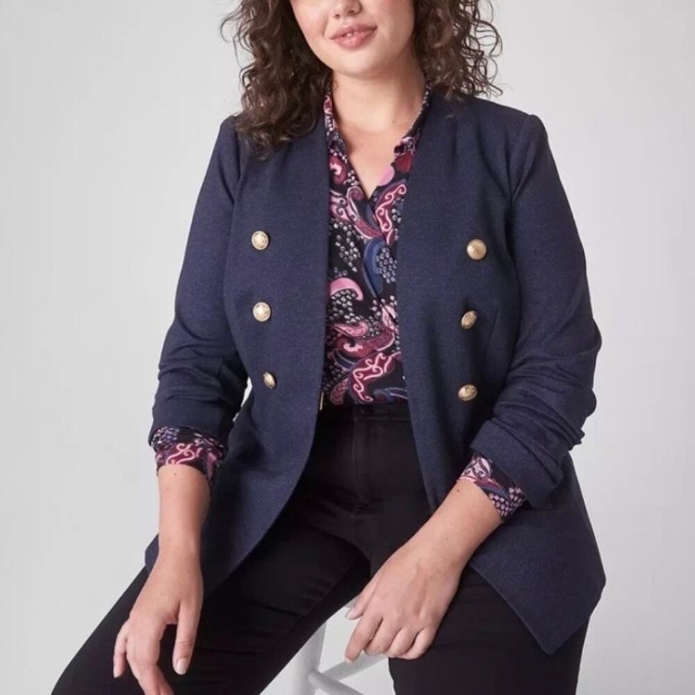 Lane‎ Bryant Plus Sz 24 The Bryant Blazer Faux Denim Navy Gold Button Collarless